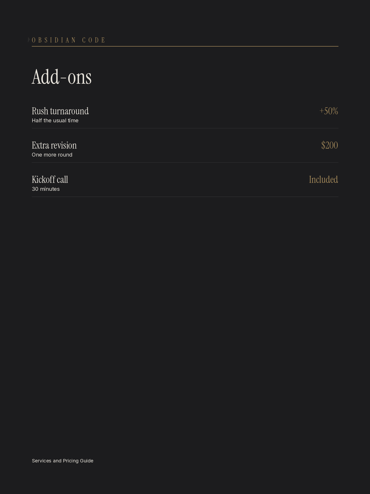 Add-ons page from the services and pricing guide