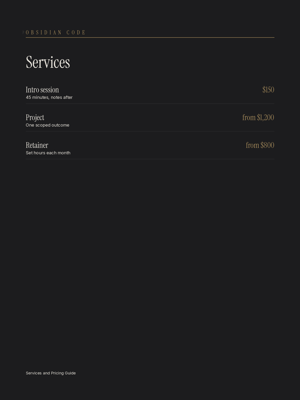 Services menu with three packages