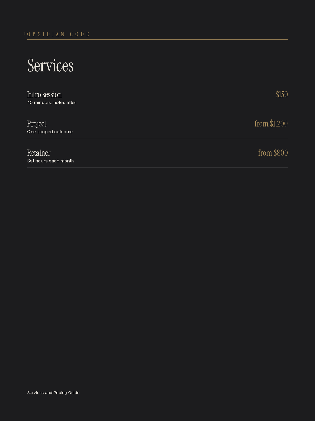 Services menu with three packages