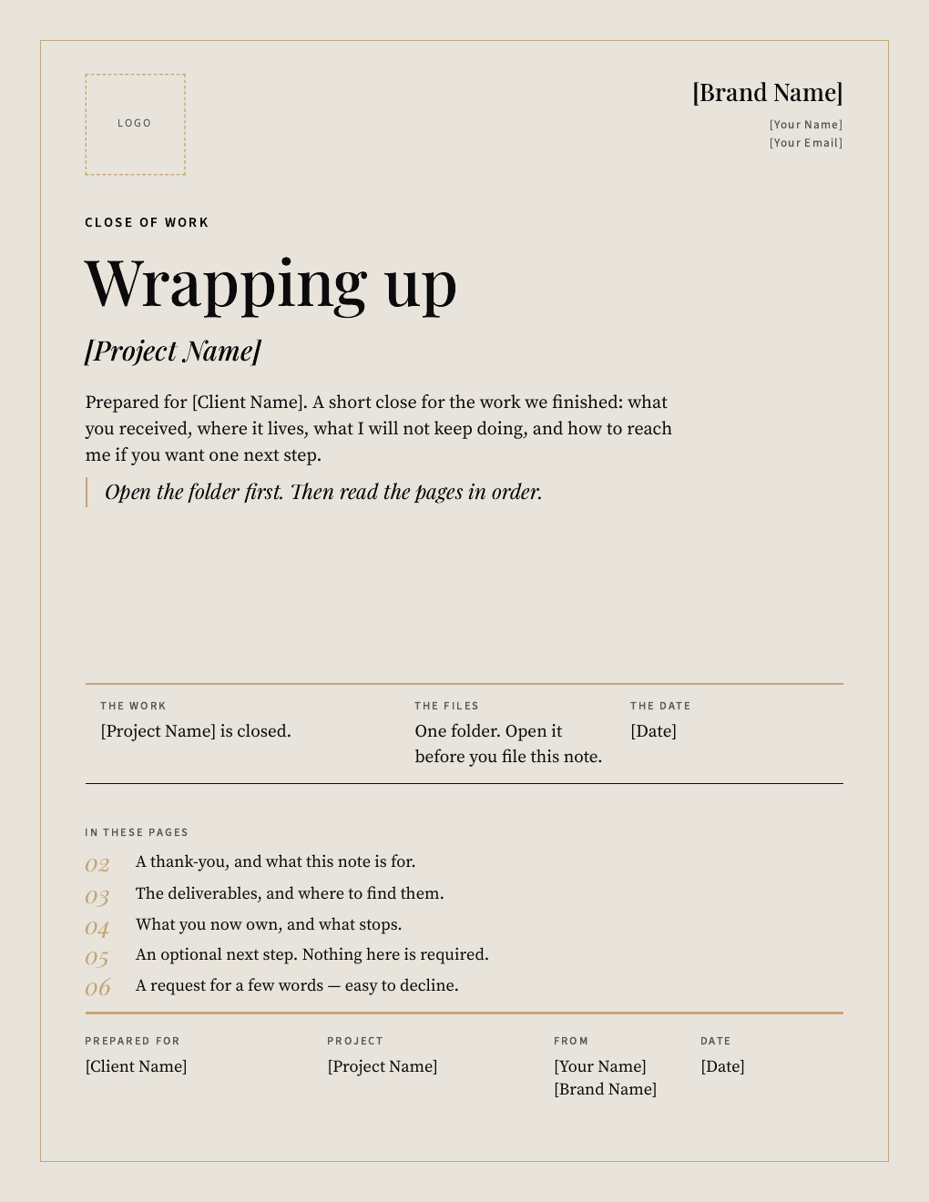 First page of the Client Goodbye Packet