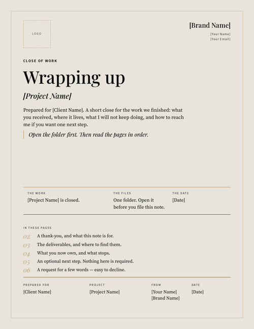 First page of the Client Goodbye Packet